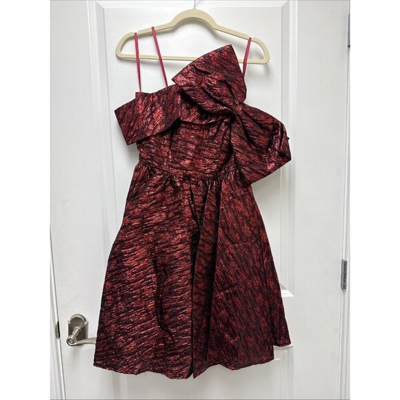 Mac Duggal Size 4 Red 68622 Brocade Off Shoulder Bow Detail Mini Cocktail Dress - Picture 4 of 7